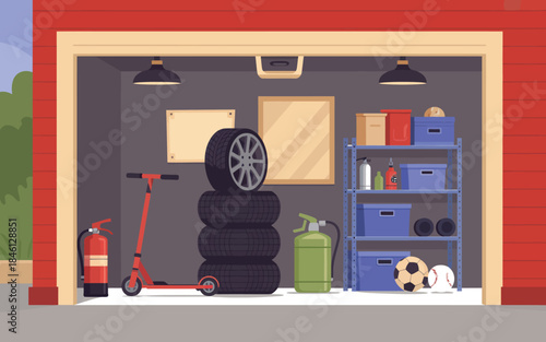 An illustration of a well organized garage interior with various household and recreational items illustration