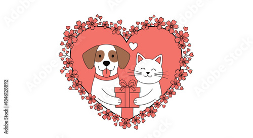 Adorable dog and cat friends holding a gift together inside a pink heart framed with cherry blossoms, symbolizing love and friendship.