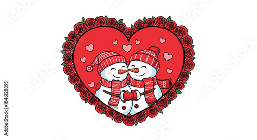 Romantic cartoon of a loving snowman couple hugging inside a large heart-shaped frame made of beautiful red roses for Valentine's Day.