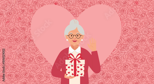 Happy elderly woman with glasses holding a gift box, smiling and waving against a pink background of roses and a large heart symbol.