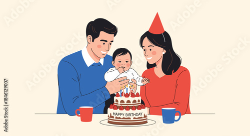 Loving young parents celebrating their baby's first birthday, gathered around a two-tier cake with candles in a heartwarming family scene.
