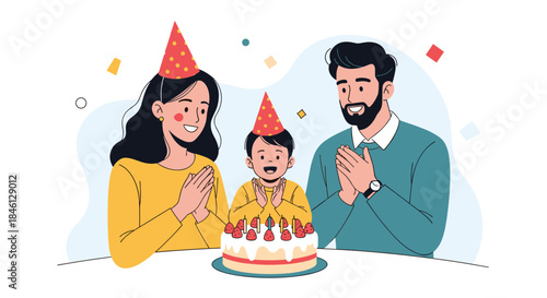 Happy family with a mother, father, and young son celebrating his birthday together, clapping around a festive cake with lit candles.