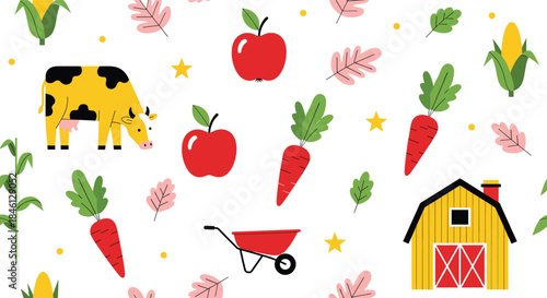 Cute farm pattern with cow barn apples carrots corn and wheelbarrow in colorful flat vector illustration