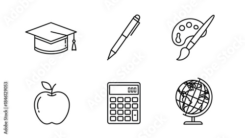 Set of six black and white line icons of education and graduation