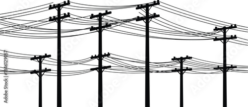 Silhouette illustration of utility poles, overhead power lines, crisscross wires, electrical infrastructure, urban network, black and white vector art, connectivity concept