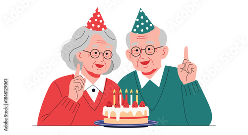 Happy and playful senior couple wearing party hats and smiling as they celebrate a birthday together with a strawberry cake and lit candles.