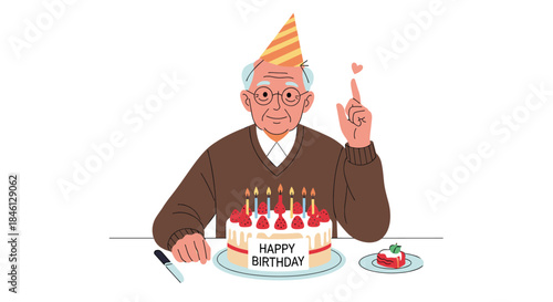 Happy elderly man wearing a party hat and glasses, sitting at a table to celebrate his birthday with a cake, candles, and a small heart.