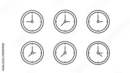 Six black and white line art icons showing different clock times