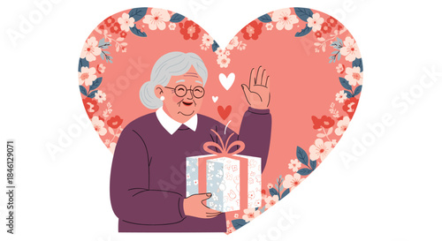 A lovely elderly woman holding a gift, waving happily inside a heart-shaped frame decorated with beautiful flowers for Mother's Day or a birthday.