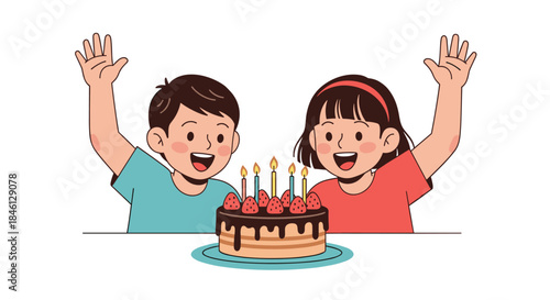 Excited cartoon boy and girl celebrating a birthday together, raising their hands in joy in front of a chocolate cake with lit candles.