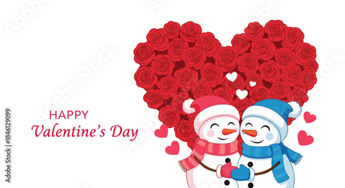 Happy Valentine's Day greeting card with a cute snowman couple cuddling in front of a large heart made of beautiful red roses.