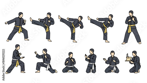 Young Martial Artist Demonstrating Various Karate Techniques in Traditional Uniform