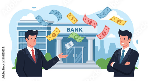 Two successful businessmen stand in front of a bank building as various international currency banknotes fly through the air.