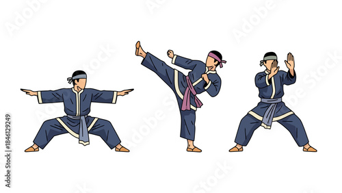 Group of Martial Artists Performing Dynamic Karate Kicks and Techniques