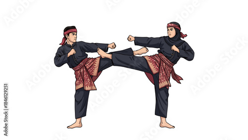 Dynamic Martial Arts Demonstration Featuring Skilled Fighters in Traditional Attire