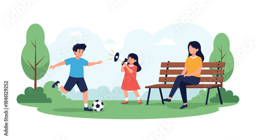 Mother relaxing on a park bench watches her son play soccer while her daughter cheers for him with a megaphone.