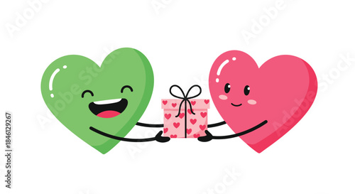 Adorable green heart character cheerfully receives a lovely wrapped gift from a pink heart on a clean white background.