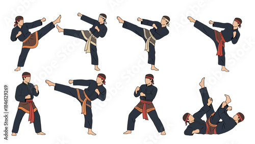 Group of Martial Artists Performing Dynamic Kicks and Poses in Uniforms