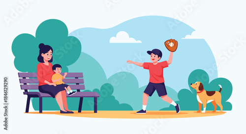 Mother and toddler sit on a park bench while an older son plays a fun game of catch with their friendly beagle dog.