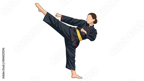 Young Woman Performing a Dynamic Martial Arts Kick in a Karate Uniform