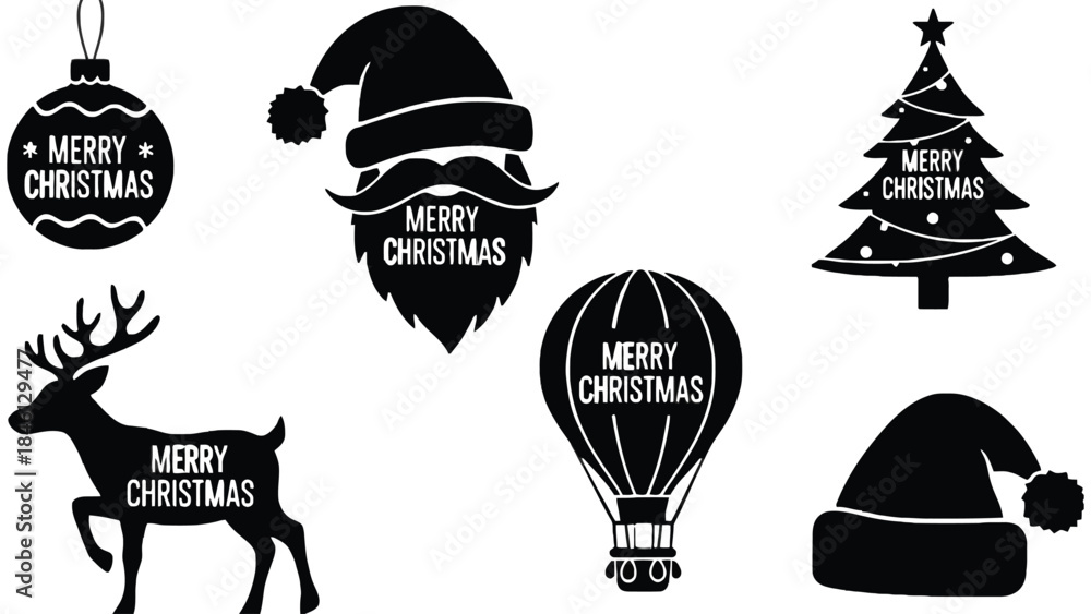 Fototapeta premium A collection of black silhouettes featuring Christmas-themed elements like a reindeer, Santa's hat, a Christmas tree, a bauble, and a hot air balloon, all adorned with 