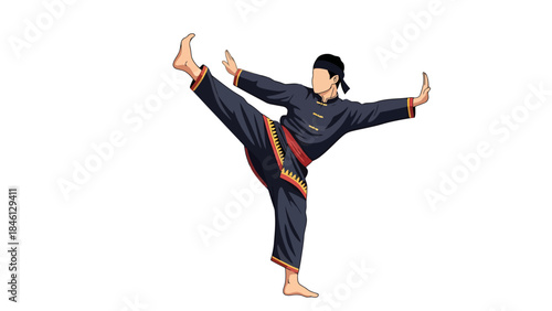 Young Male martial artist performing high kick in training uniform