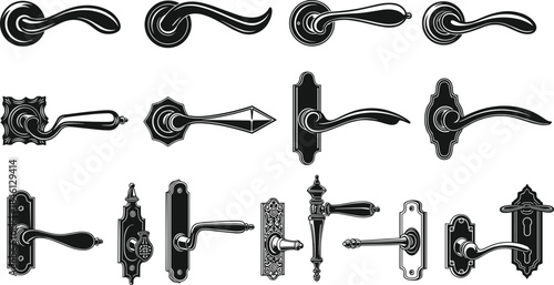 Collection of vintage and modern door handles, decorative doorknobs and levers, ornate hardware illustration set for interior design and architectural elements