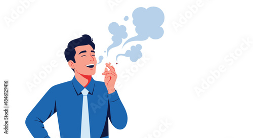 Happy young businessman in a blue shirt and tie smiles while smoking a cigarette, with smoke clouds floating away from him.