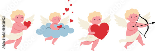 Cute flying cupid angels holding hearts and bow symbolizing love, romance and Valentine’s Day illustration set