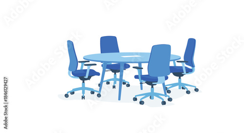 Modern office meeting room setup with a circular blue table and four empty blue swivel chairs on a clean white background.