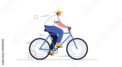Young man wearing a white t-shirt and a yellow cap rides a blue bicycle quickly, with motion lines indicating speed.