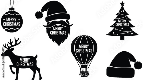 A collection of black silhouettes featuring Christmas-themed elements like a reindeer, Santa's hat, a Christmas tree, a bauble, and a hot air balloon, all adorned with "Merry Christmas" inscriptions.