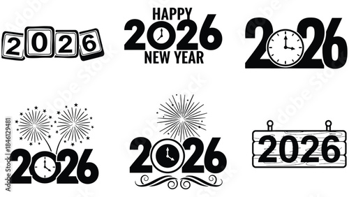 A collection of six graphic illustrations celebrating the arrival of the New Year 2026, featuring clocks, fireworks, and stylized numbers.