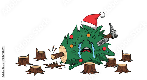 Crying cartoon Christmas tree character with a Santa hat and a gun mourns being cut down among many tree stumps.