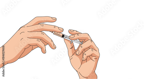 Close-up illustration of two hands carefully holding a medical syringe, preparing for an injection or vaccination.