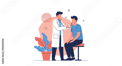 Male doctor in a white coat uses a stethoscope to check the heartbeat of a young male patient during a medical exam.