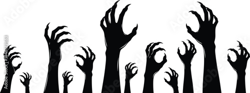 Creepy zombie hands rising from ground, horror silhouettes grasping upward, spooky undead arms reaching in darkness, eerie Halloween illustration background