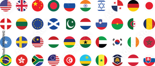 International World Flags Circle Icon Set Global Countries Collection.