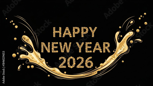 Golden happy new year 2026 celebration with sparkling splashes on black background