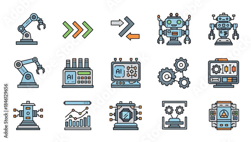 Collection of Futuristic AI and Robotics Industry Icons Automation, Technology, and Manufacturing