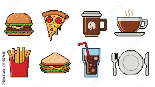 Pixel Art Icons Representing Healthy Eating and Fitness Lifestyle Choices