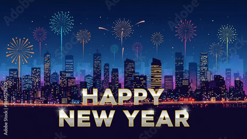 Happy new year celebration with fireworks over city skyline at night with illuminated buildings