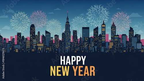 New york city skyline at night with colorful fireworks exploding in the sky on new year's eve celebration