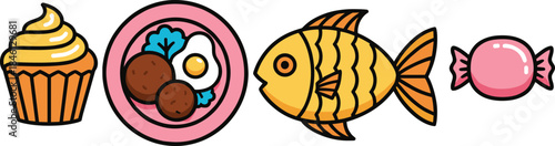 Cute food and animal icons set including cupcake breakfast plate fish and candy in cartoon vector style