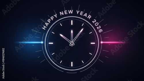 New year 2026 clock striking midnight with vibrant blue and pink lights on black background