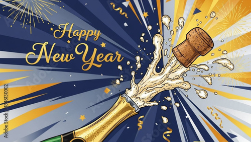 Champagne bottle popping with happy new year text and festive fireworks on dark blue background with gold accents and confetti