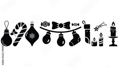 A black and white silhouette illustration displays a collection of traditional Christmas decorations including a bauble, candy cane, snowflake ornament, string lights, bow tie, candies, stockings, a