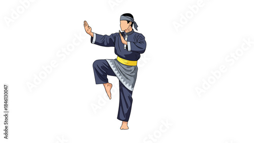 Martial arts practitioner performing a high knee kick in training studio