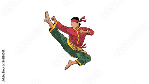 Dynamic Martial Arts Pose in Traditional Costume for Fitness and Cultural Celebrations