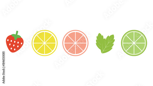 A collection of sliced citrus fruits, a strawberry, and mint leaves are arranged in a row against a white background, forming a colorful and refreshing composition.